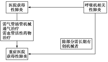 图2我国医院获得性肺炎呼吸机相关性肺炎及重症医院获得性肺炎定义与相关关系示意图